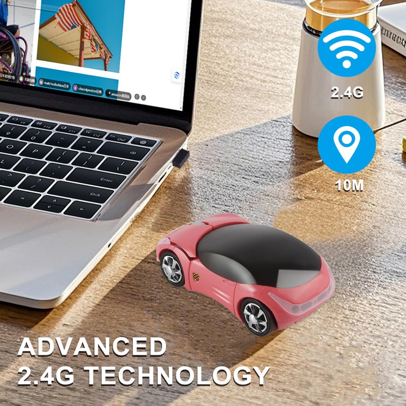 CHUYI Wireless Car Mouse Small Cool Sports Car Shaped Computer Mice with USB Receiver 3 Buttons 1600DPI Portable Mini Optical Cordless Mouse for Laptop PC Computer Desktop Travel Home School Gift (Pink) - Image 2
